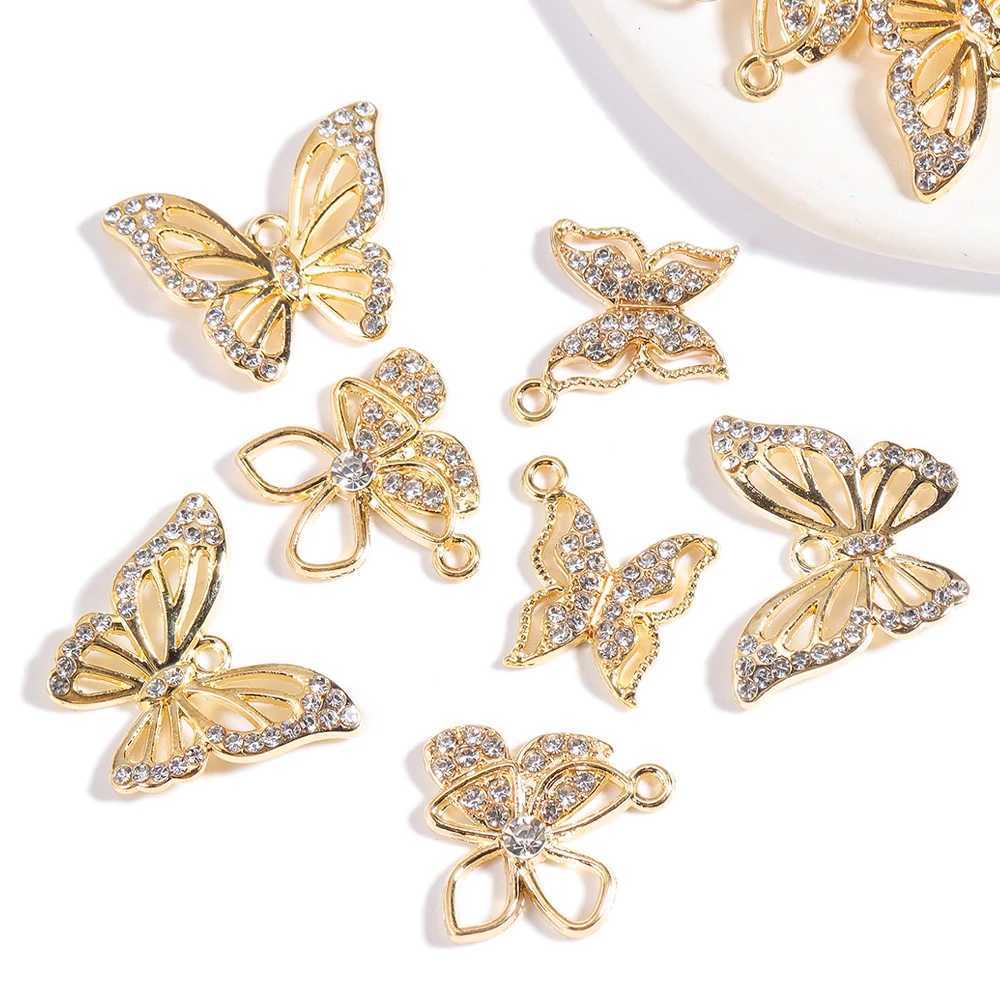10Pcs/Lot Mixed Style Delicate Alloy Rhinestone Butterfly Pendant Gold Plated For DIY Earrings Necklace Jewelry Making CharmsXJ250517