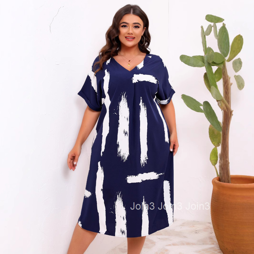 Large Size Womens Long Skirt V-neck Short Sleeved Printed Loose Dress