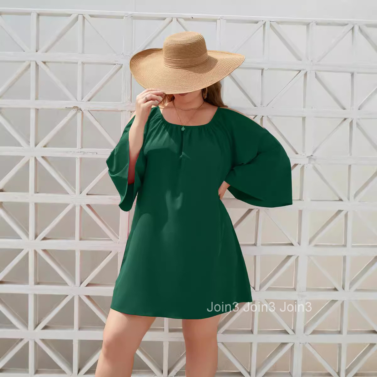 Large Womens Wear Large Solid Leisure Holiday Dress Tourism Round Neck Split Bubble Sleeve Dress