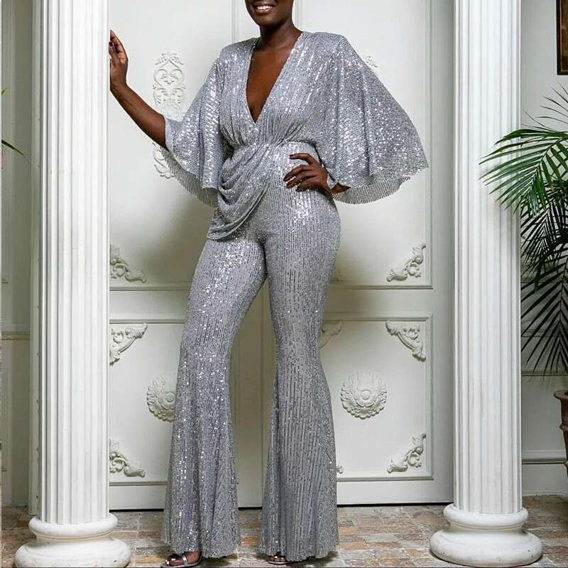 Wide Leg Jumpsuit New Women S Sequined Sexy Deep V Back Jumpsuit Pants