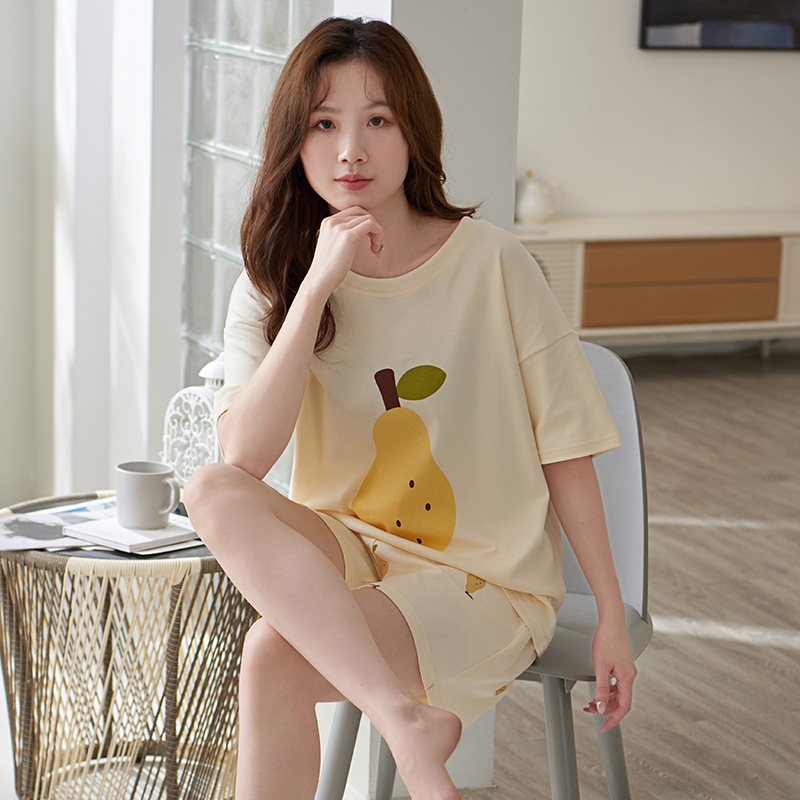 B885-Pure cotton sleeping women's summer short-sleeved shorts and long pants cute three-piece suit