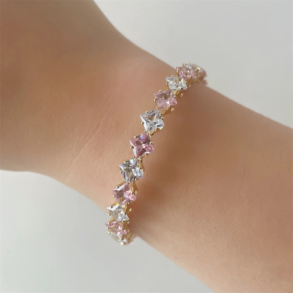 ZAKOL y Pink Geometric Square Zirconia Cuff Bangles Bracelet Exquisite Gold Color Banquet Party Jewelry for Women 250517