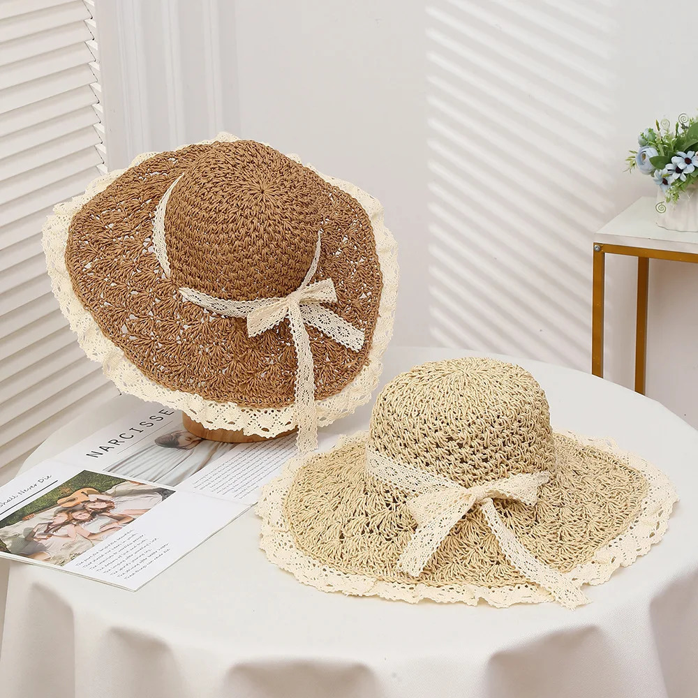 Straw Hat For Women Summer Handmade Weave Hollow Lace Up Anti-UV Beach Cap Foldable Large Brim Panama Bucket Fashion Sun Hat 250516