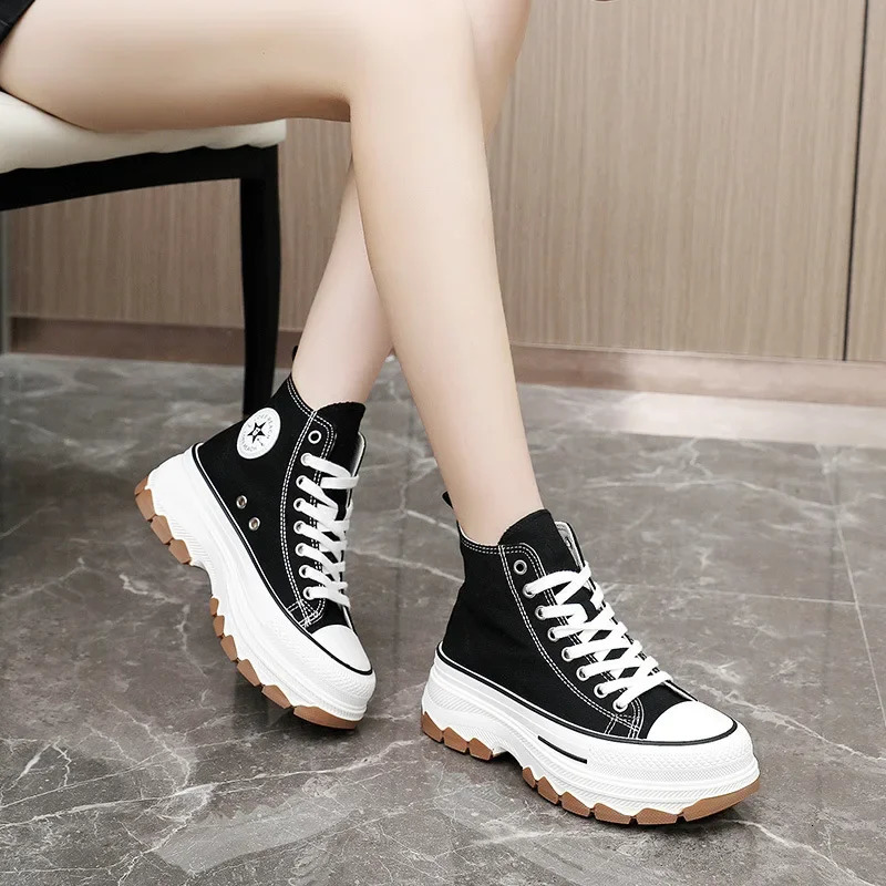 Spring autumn Female Women High Top Sneakers Lace-Up Casual Plarform Height Canvas Non-slip Wear Resistant Vulcanize Shoes 250515