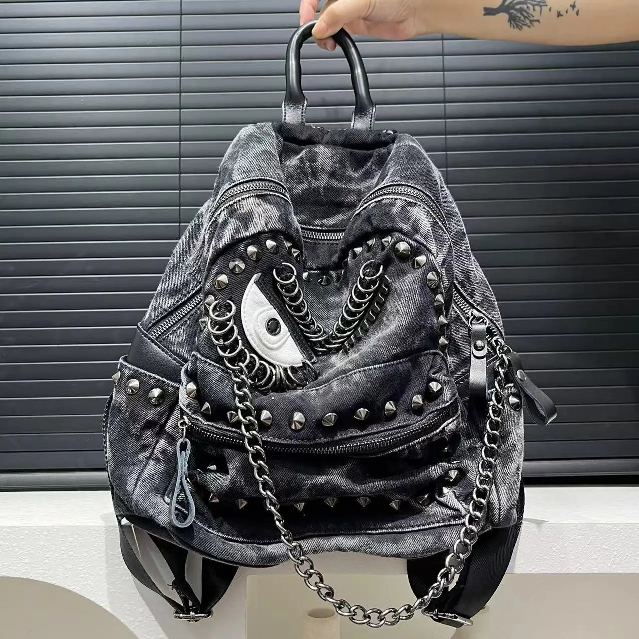 Womens Fashion Steampunk Denim Backpack Large Capacity Rivet Chain Shoulder Handbag 250514