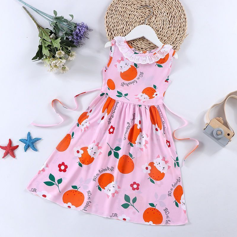 New Summer Outerwear Dress Cartoon Cotton Silk Sleeveless Girls Floral Skirt Thin Summer Loose Princess Dreamland 220422