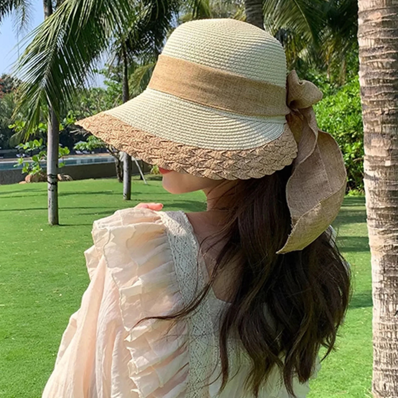 Women Wide Brim Straw Hat Lace Edge n Beach Caps with Bowknot for Outdoor Sports Hiking Travel 250516