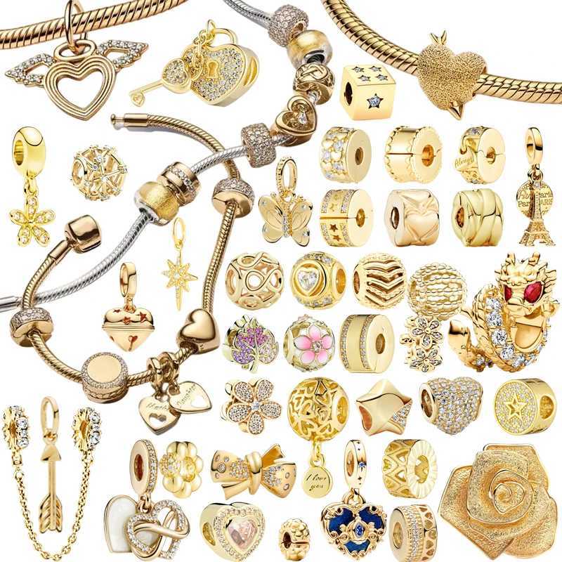 New Sparkling Gold Safety Chain D Rose in Bloom Hearts Charm Bead Fit Original 925 Silver Bracelet Necklace DIY Women JewelryXJ250517