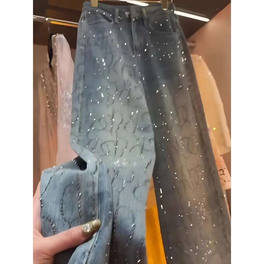 Jeans for Women Shiny High Waist Loose Wide Leg Denim Blue Rhinestone Mopping Pants Streetwear Fashion Trousers