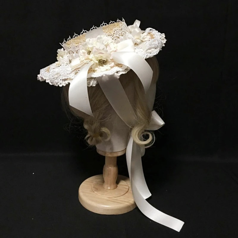 Women Girls Lolita Elegant Tea Party Flat Hat Multilayer Lace Bonnet Artificial Flower Ribbon Bow Straw Beach Sun 250516