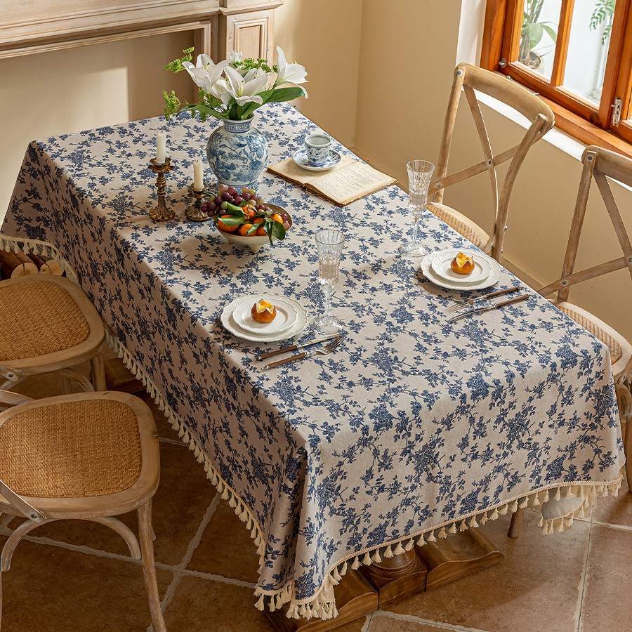 B399 cotton and linen Nordic style blue floral tablecloth dormitory rectangular cover cloth retro pastoral table cloth photo background cloth