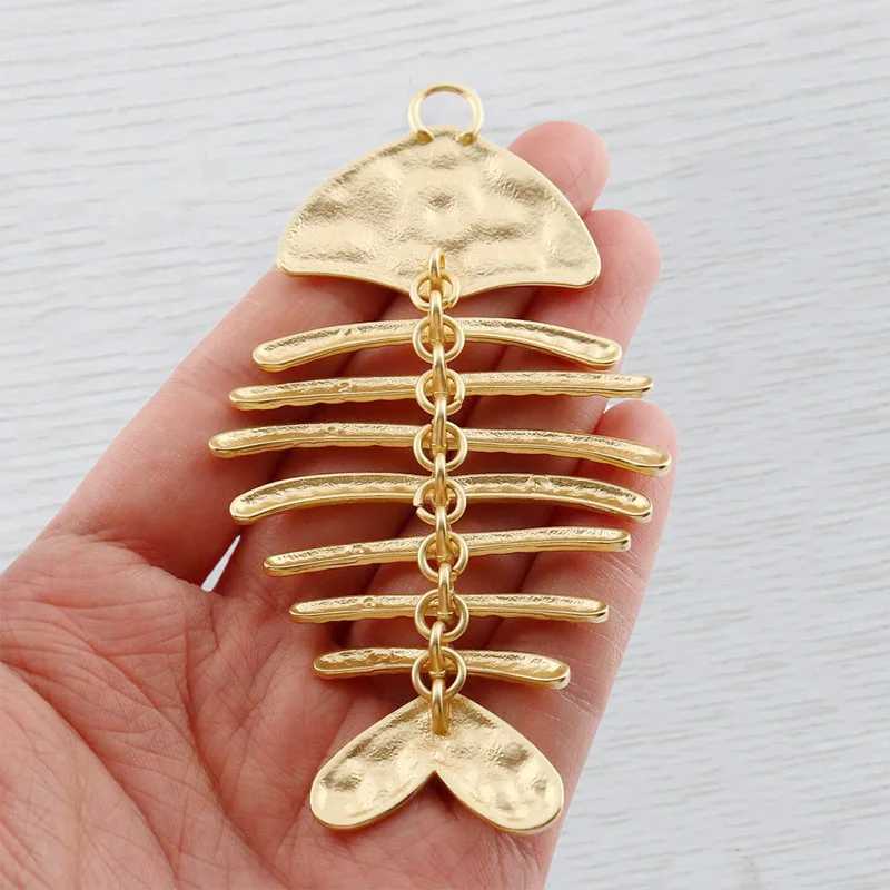 Matte Gold Color Large Hammered Fish Bone Skeleton Moveable Punk Charm Pendant for DIY Necklace Jewelry Making 103x57mmXJ250517