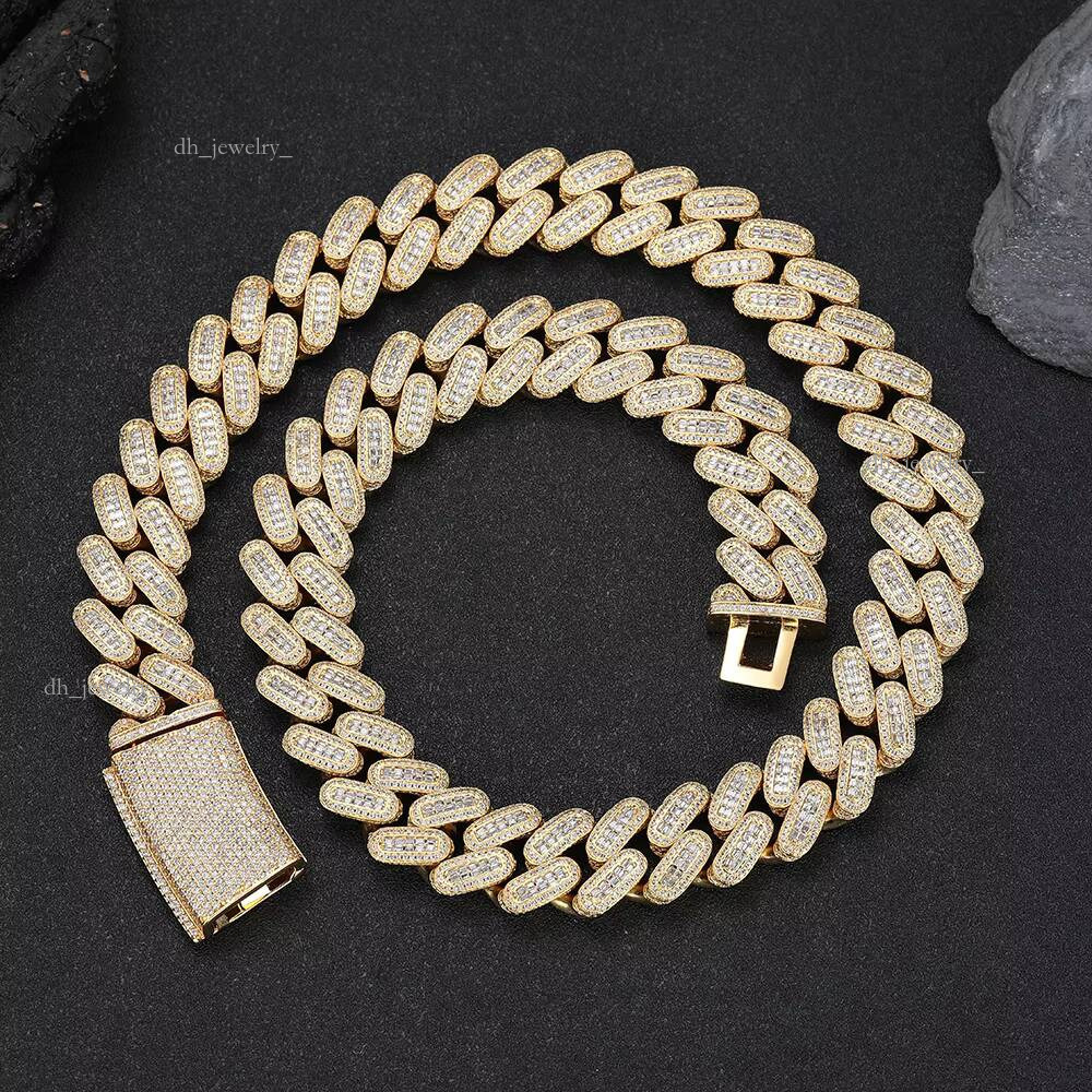 Nuoya Custom Link Necklace for Men 18mm Iced Baguette Dia Hiphop Style Gold Plated Cuban Chain Rappers Jewelry