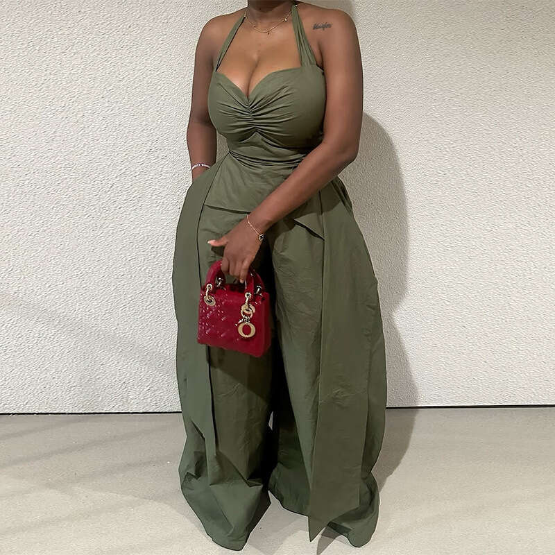 Wide Leg Jumpsuit Women S Summer Sexy Hanging Neck V Neck Irregular Sleeveless High Waisted Ribbon Jumpsuit Pants