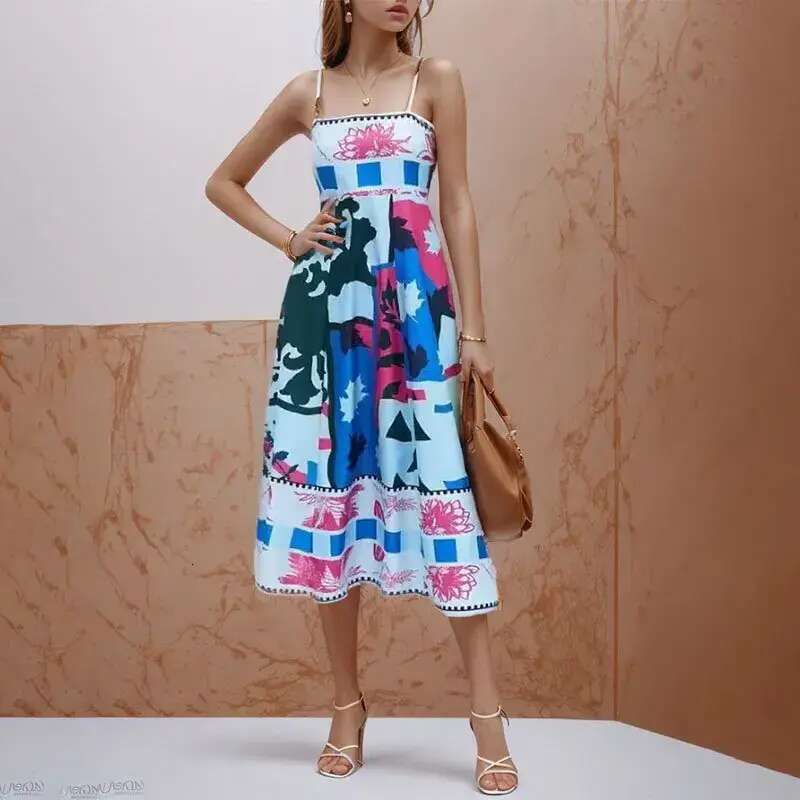Basic Casual Dresses Elegant Print Colorful Long Dress Women High Waist Straps Backless Sexy Ladies Summer Beach Vaction Robe designer bag