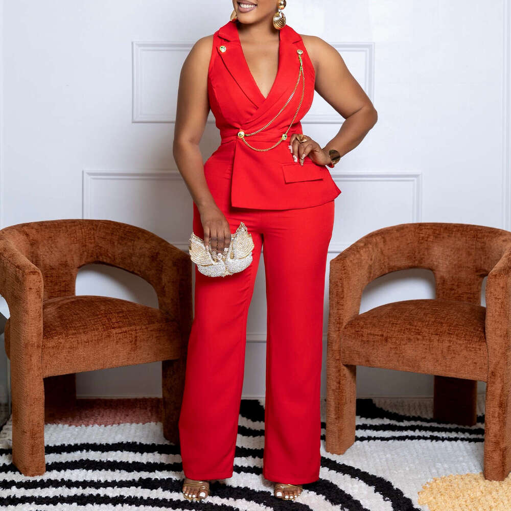 Wide Leg Jumpsuit C Women S Suit Collar Sexy Fashion Chain Casual Wide Leg Jumpsuit