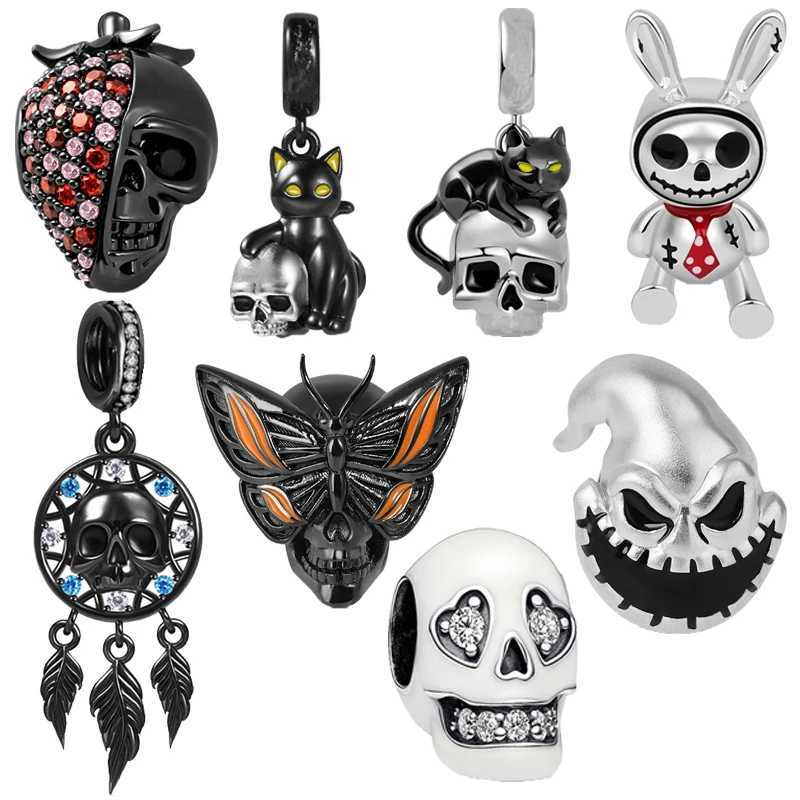 Sparkling Black Cats Skull Pendant Sterry Skull Charm Beads Fit Original European 925 Silver Bracelet DIY Women JewelryXJ250517