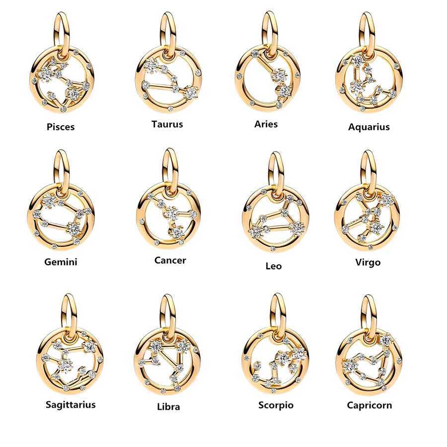 2025 NEW Gold Plated 12 Constellation Pendant Dangle Charm Beads Fit Original 925 Sterling Silver Europeans Bracelet DIY JewelryXJ250517