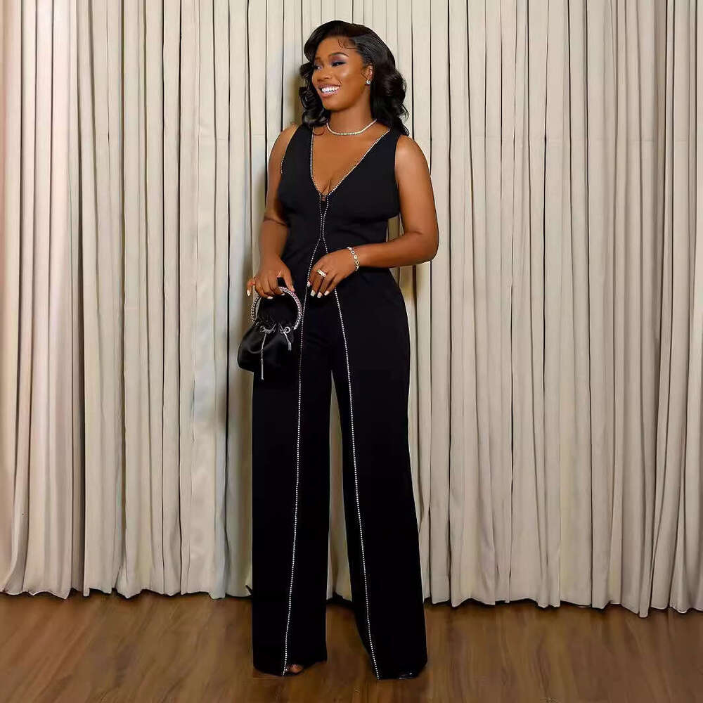 Wide Leg Jumpsuit V Collar Sleeveless Jumpsuit With A Stylish Women S Style Featuring Patchwork And Personalized Design Straight Leg Pants