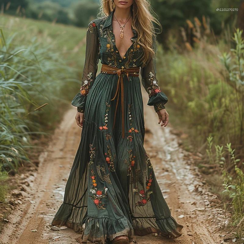 Casual Dresses Vintage Pattern Printed High Waist Robe Dress Women V-neck Pleated Bohemian 2025 Autumn Long Sleeved