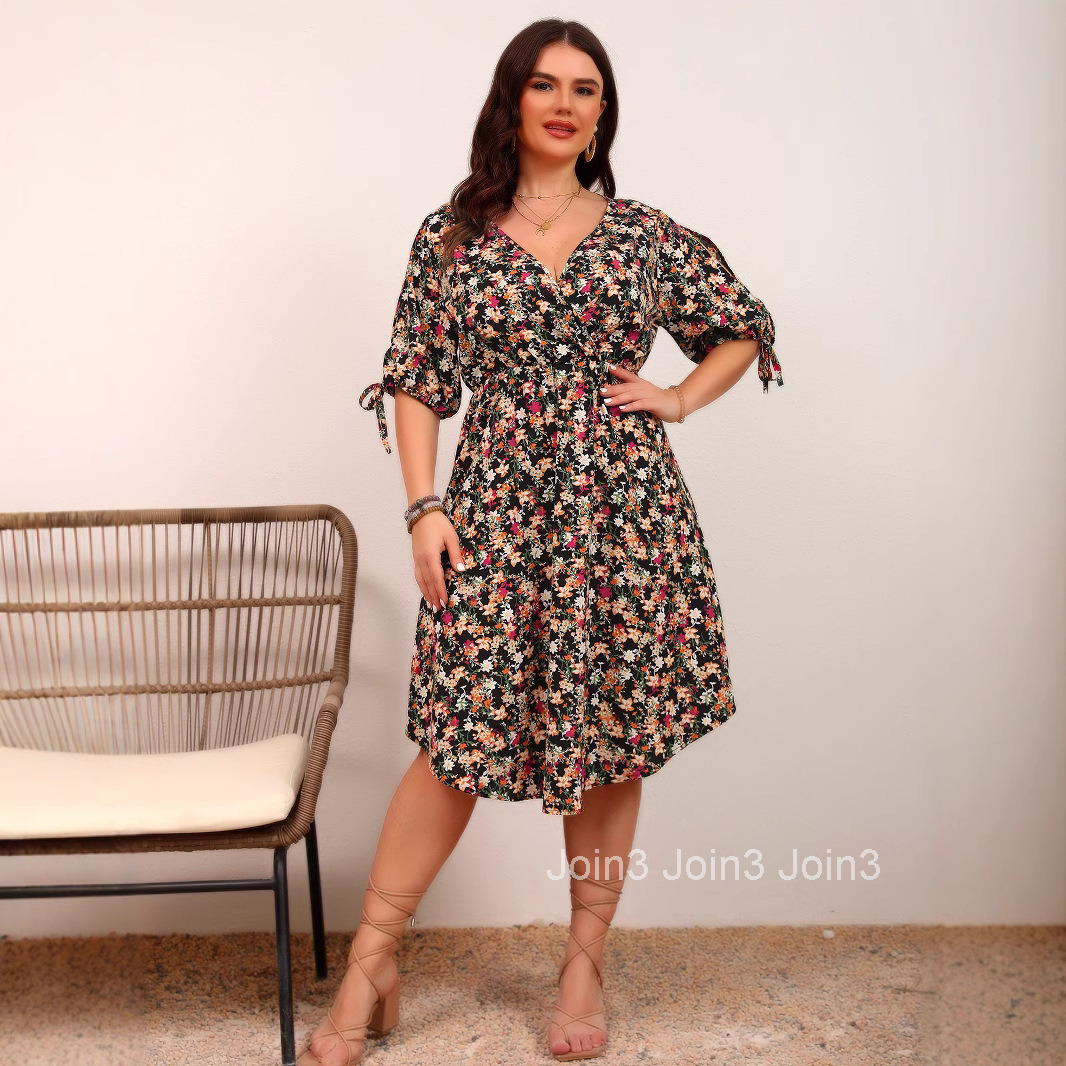 Large Size Elegant V-neck Waist Cinched Patchwork Floral Dress