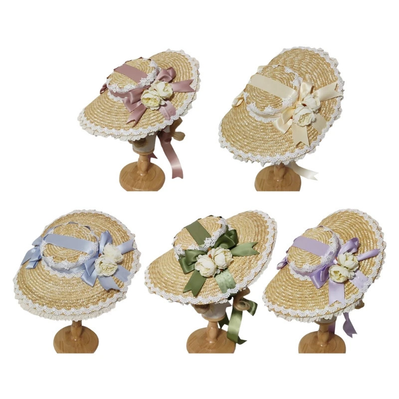 Japanese Lolita Sweet Handmade Straw Sun Hat Lace Patchwork Ribbon Bandage Bowknot Wide Brim Elegant Tea Party Beach Flat D0LF 250516