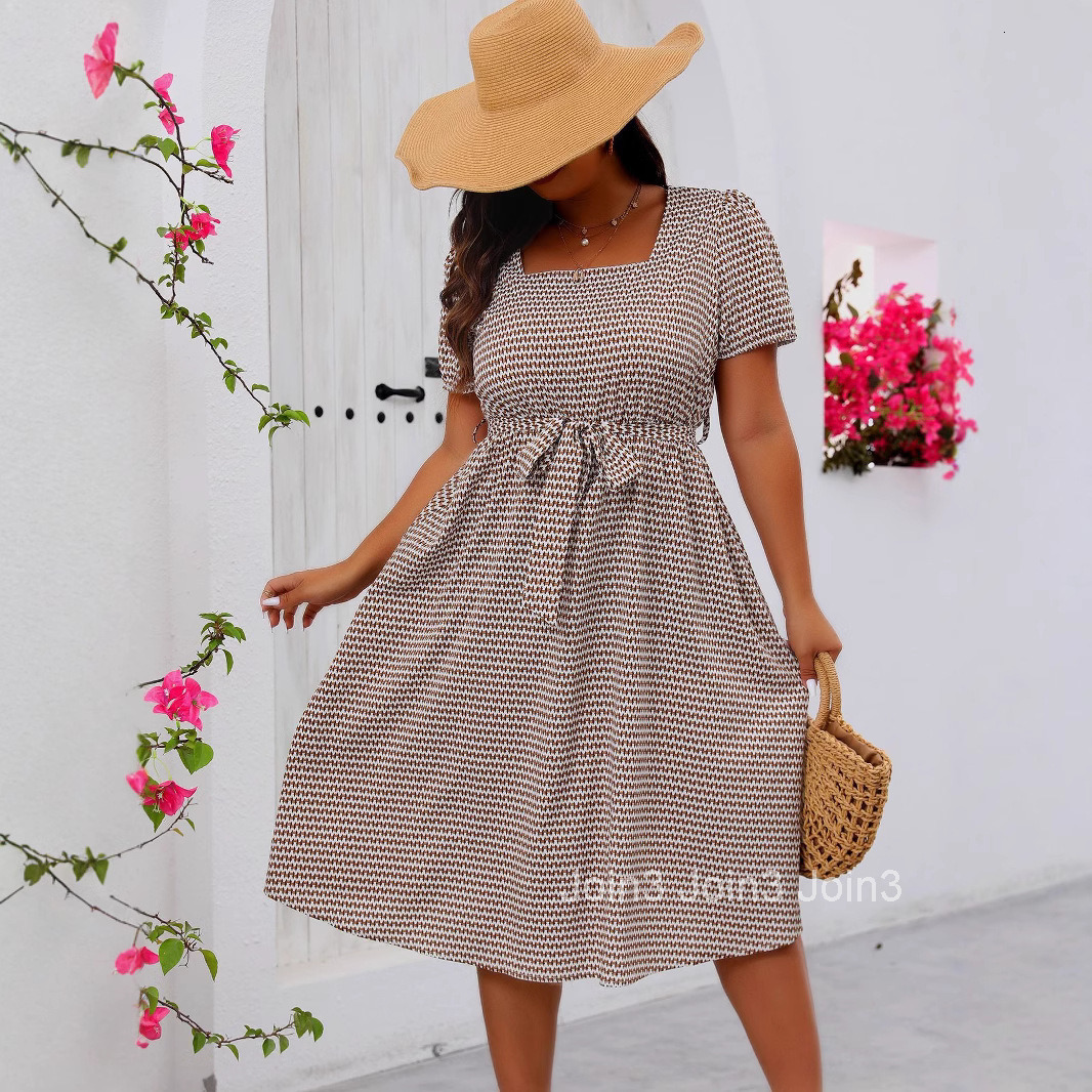 Large Size Womens Elegant Temperament Square Collar Lace Up Small Grid Large Swing Dress