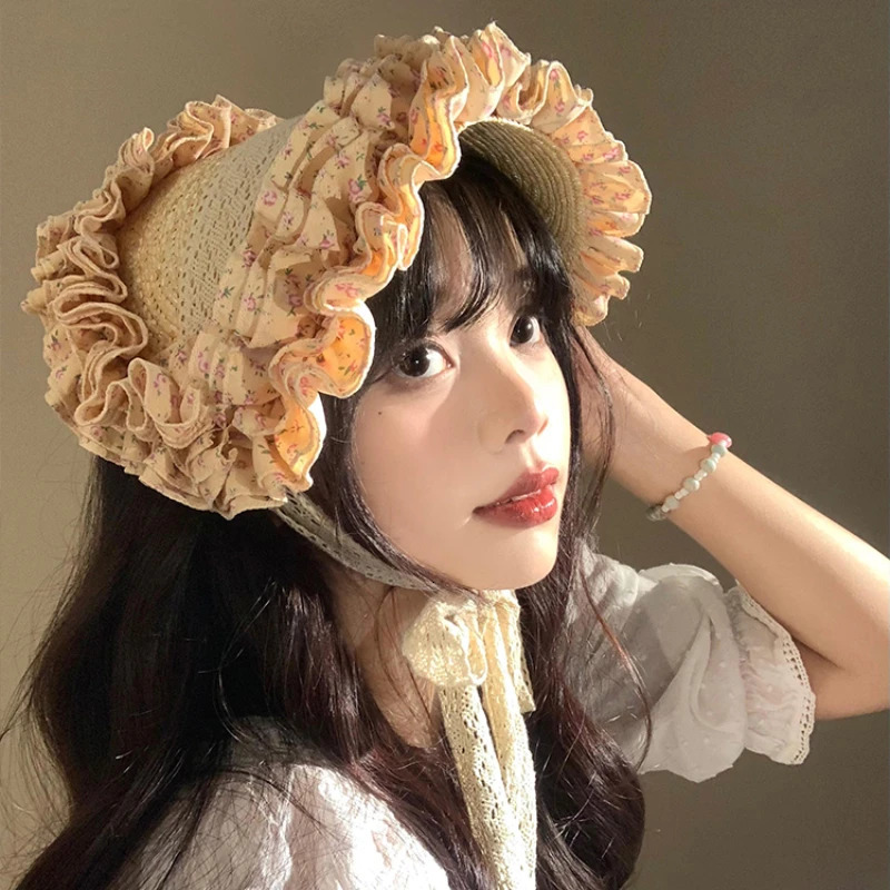 French Retro Lace Floral Woven Straw Caps for Women Summer Seaside Beach Vacation Idyllic Sweet and Cute Strap Sun Hats 250516