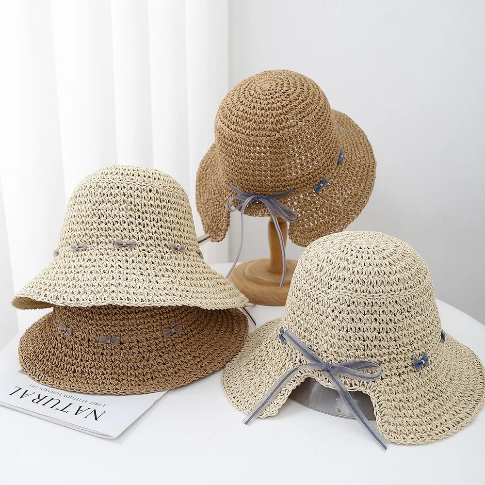 Bucket Hat Female Sunhat Womens Summer Ethnic Style Straw Big Brim Fisherman Cap Sunshade Beach Accessories Seaside 250517