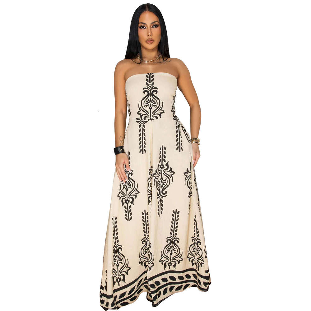 Wide Leg Jumpsuit Women S Clothing Positioning Printed Waist Cinched Skirt Pants Chest Wrapped Jumpsuit New