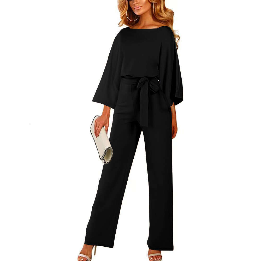 Wide Leg Jumpsuit Spring And Autumn Solid Color Seven Split Sleeves Tie Up Jumpsuit