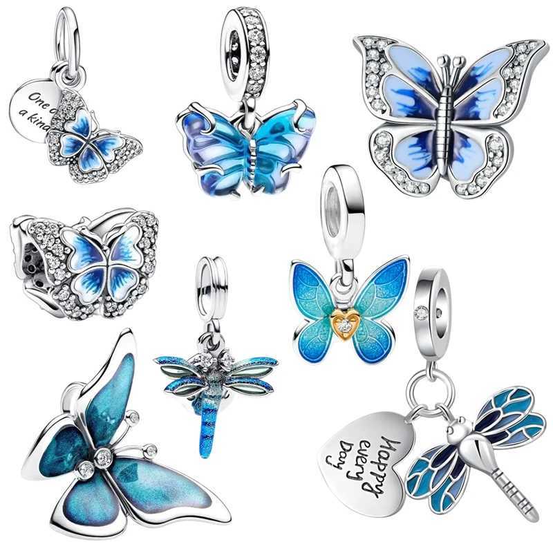 New Fine Blue Series Sparkling Oversized Butterfly Dragonfly Charm Beads Fit Original 925 Silver Bracelet DIY Women Jewelry GiftXJ250517