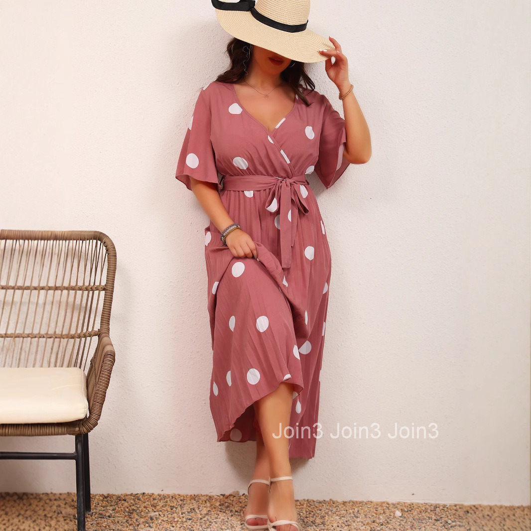 Fashionable Large Polka Dot Print V-neck Lace Up Pleated Long Dress