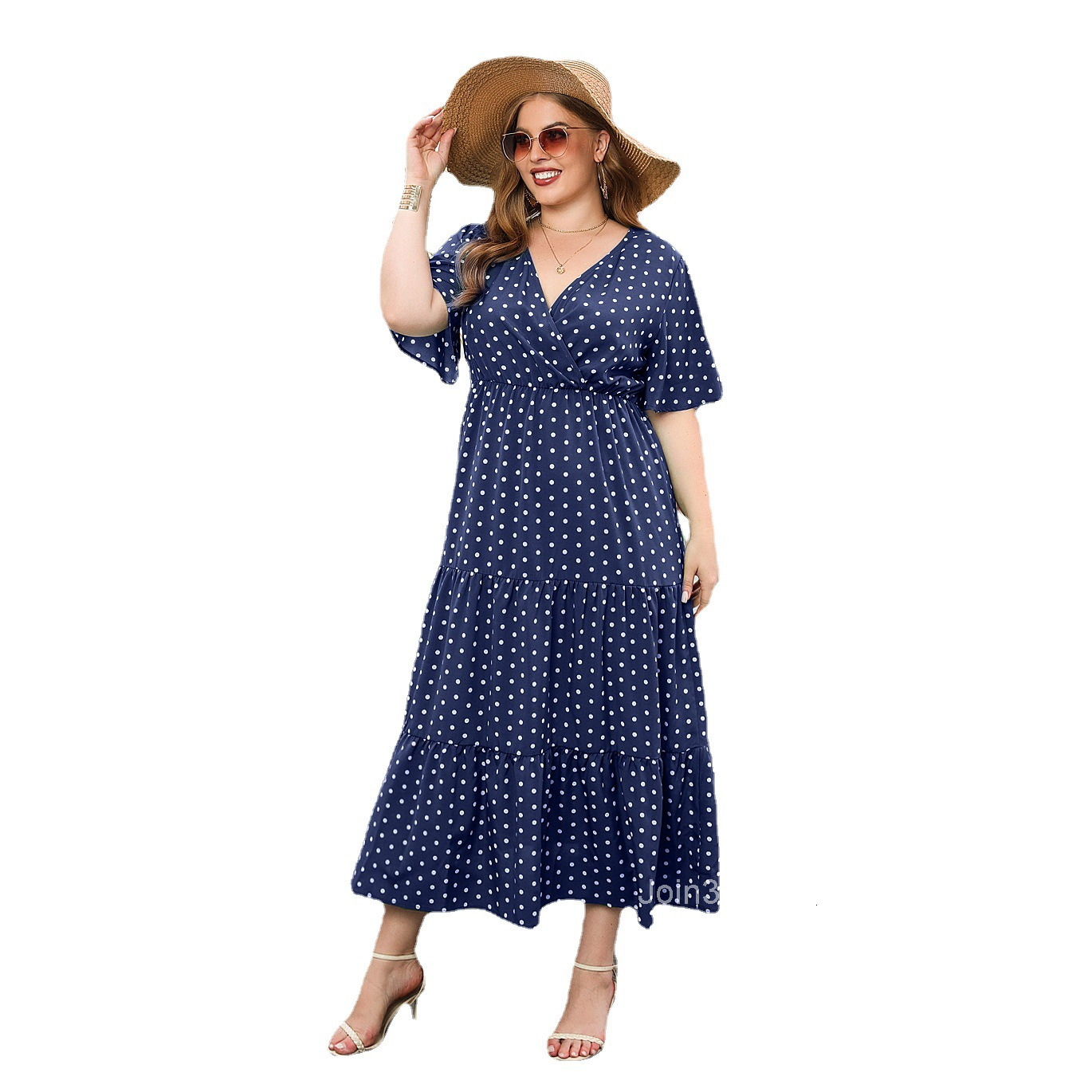2025 Summer New Product Plus Size Womens Plus Size Polka Dot Casual Vacation Dress V-neck Elegant Large Swing Mid Length Skirt