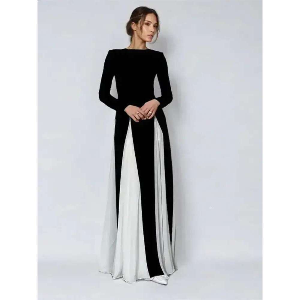 Elegant black and white ing Maxi dress for womens fashion Oneck long sleeved ultrathin evening gown 240809 designer bag