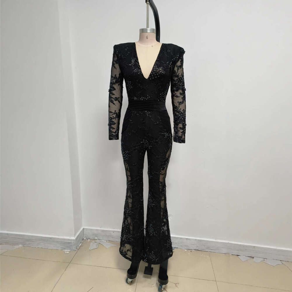 Wide Leg Jumpsuit New Temperament V Neck Jumpsuit With Lace Rhinestone Long Sleeves And A Sexy Evening Gown For Ladies