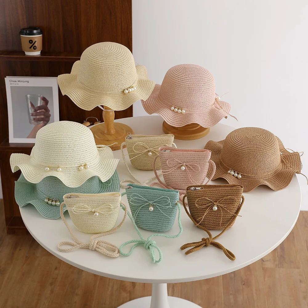 Summer Freshness Pearl Straw Hat Set For Princess Girls Outdoor Traval Holiday Beach Sunscreen Sun Hats And Bag Panama 250517