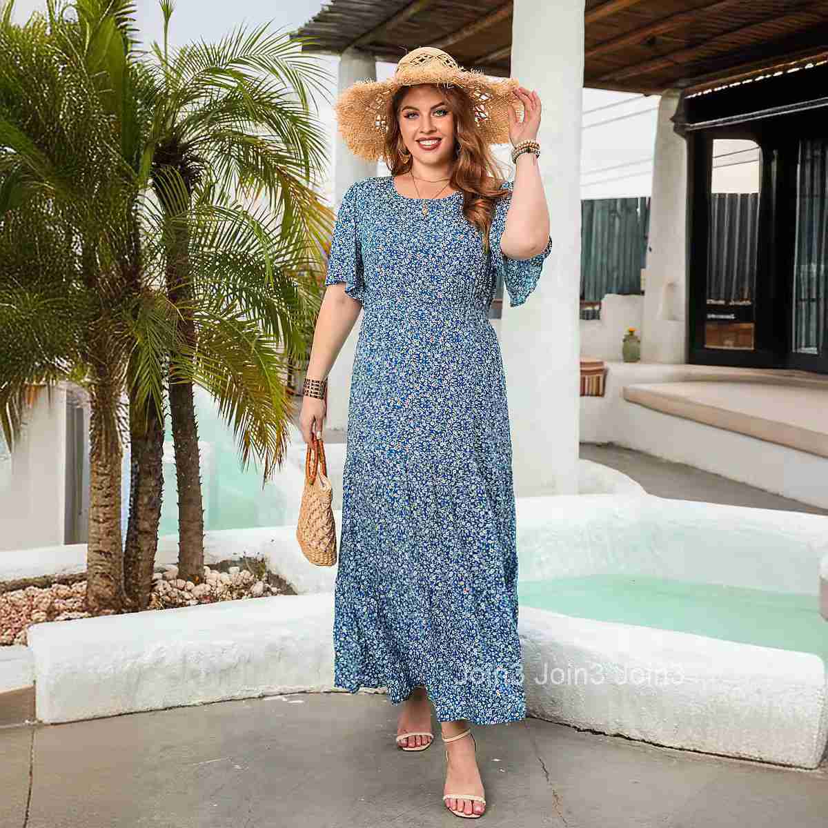 New Fragmented Flower Leisure Holiday Dress Round Neck Short Sleeve Large Swing Mid Length Dress Large Size Womens Wear