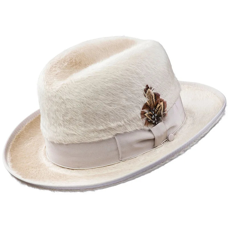 Plush Pork Pie Hat Man Fedora Unisex Gentleman Round Top Cap Cosplay Feather Accessories Derby Bowler Hat Winter Hat 250516