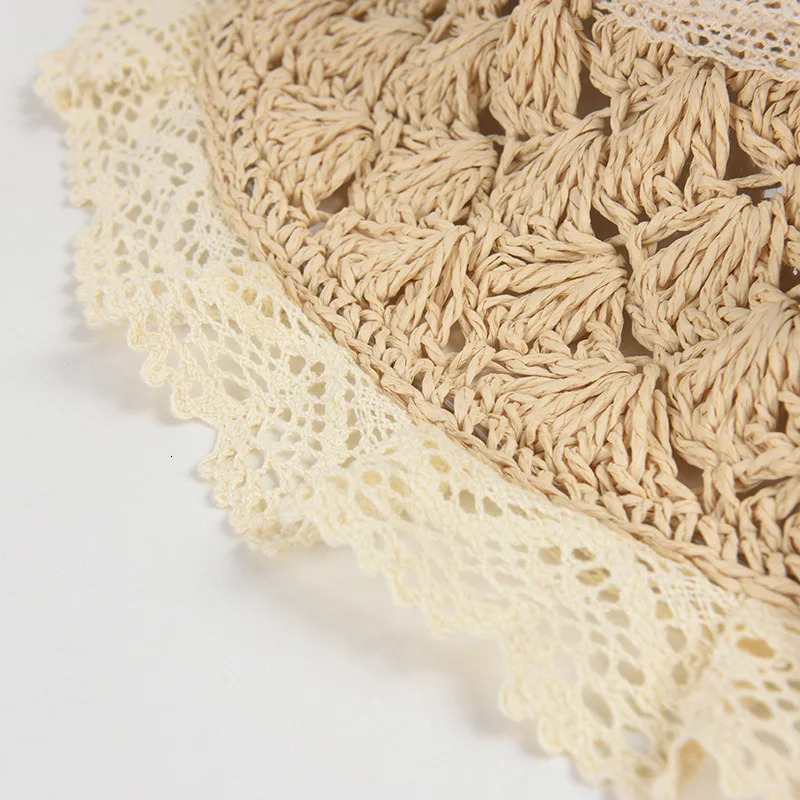 Straw Hat For Women Summer Handmade Weave Hollow Lace Up Anti-UV Beach Cap Foldable Large Brim Panama Bucket Fashion Sun Hat 250516
