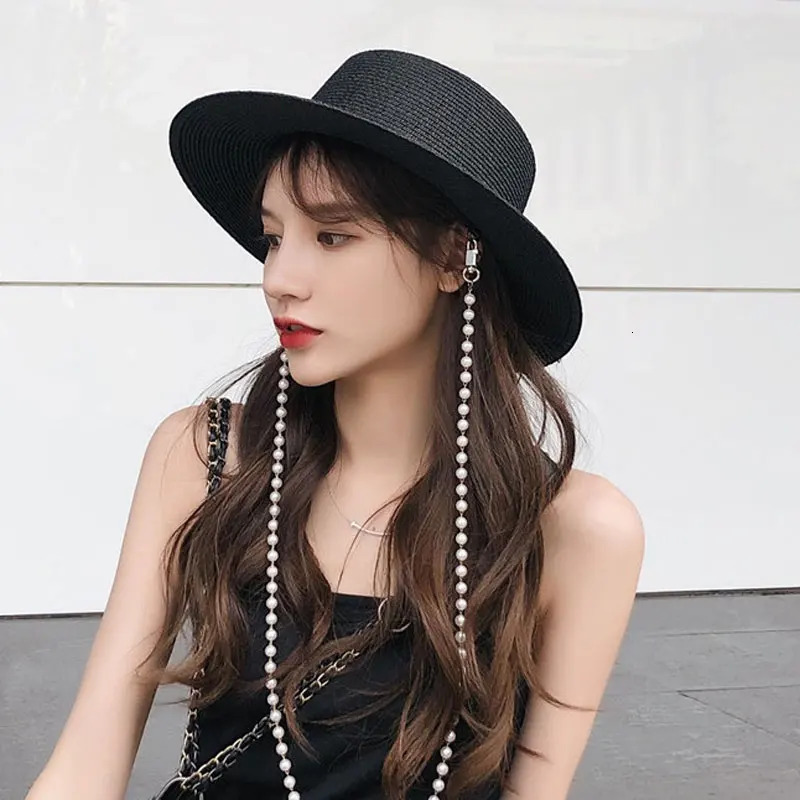 Summer Hepburn Style Pearl Chain Vintage Concave Top n Straw Hat For Women Girls Beach Holiday Sun Caps Fashion Fedora 250517