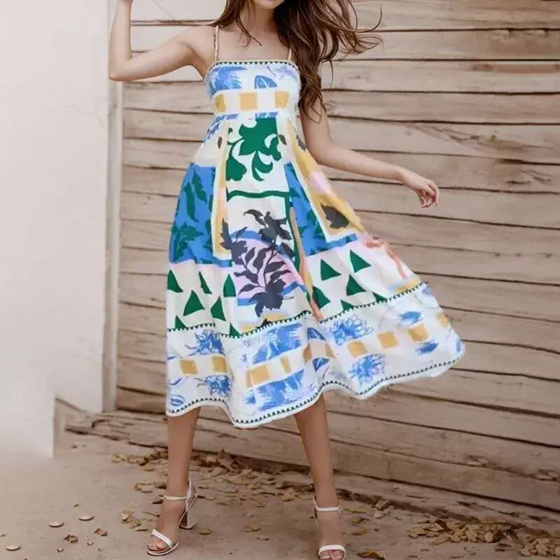 Basic Casual Dresses Elegant Print Colorful Long Dress Women High Waist Straps Backless Sexy Ladies Summer Beach Vaction Robe designer bag