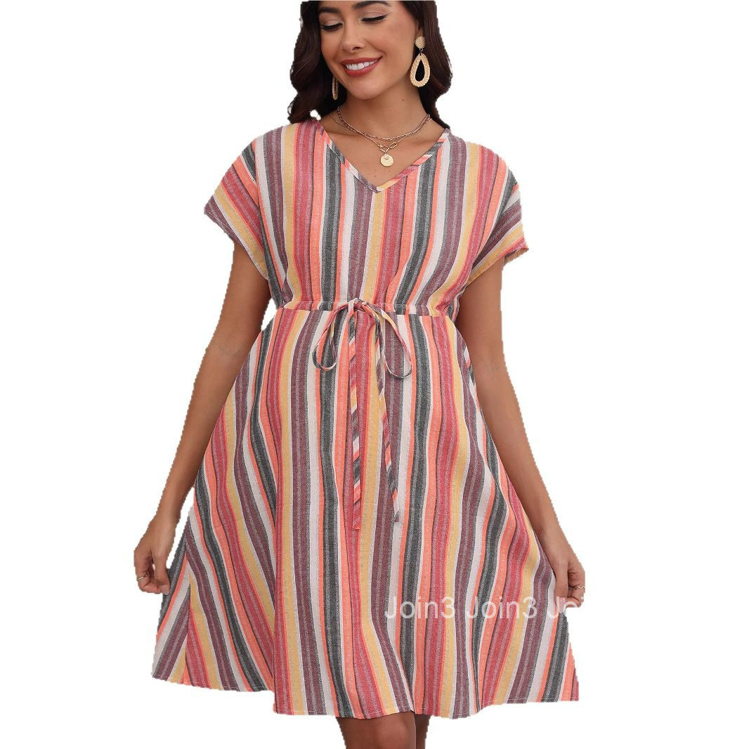 New V-neck Short Sleeved Loose Casual Striped 3d Printed Waist Lace Up Pregnant Dress