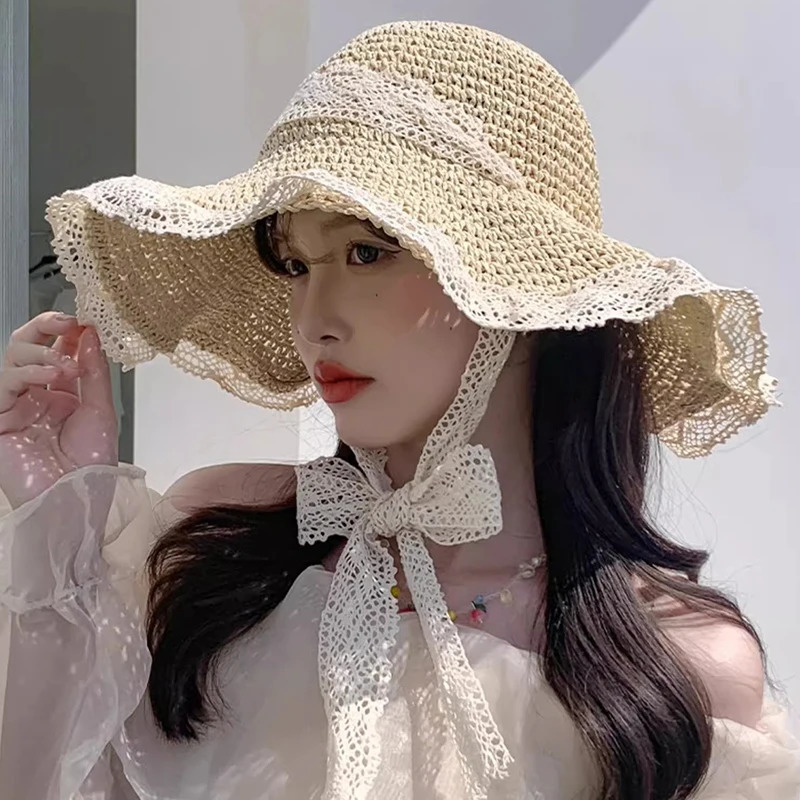 Lace Bow Women Straw Hat Wide Brim Hollow Out Grass Handwoven Visors Bucket Cap Korean Girl Beach Tour Foldable Sunshade Hats 250516