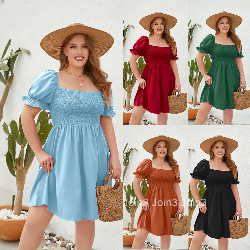 Large Womens Wear Large Solid Leisure Holiday Dress Travel Square Neck Wrap Bubble Sleeve Dress