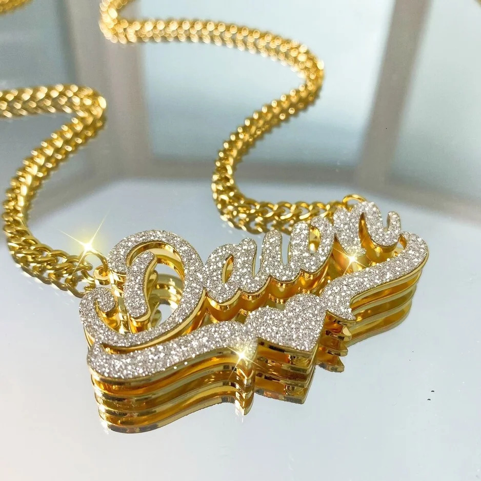 Personalized Double Name Frosted Necklace Custom Bling Name Necklace Gold Stainless Steel Jewelry For Girlfriend Mather Gift 250516