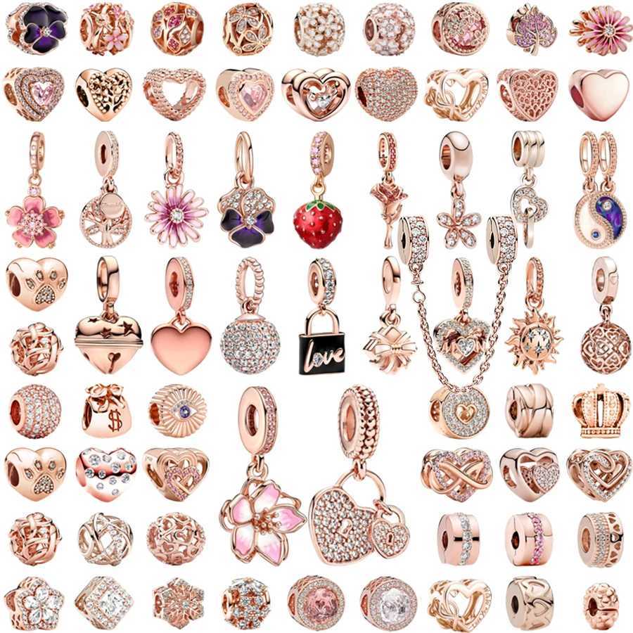 Hot Rose Gold Sparkling Hearts FlowersAngelCross Star Moon Charm Bead Fit Original Europeans 925 Silver Bracelet DIY JewelryXJ250517