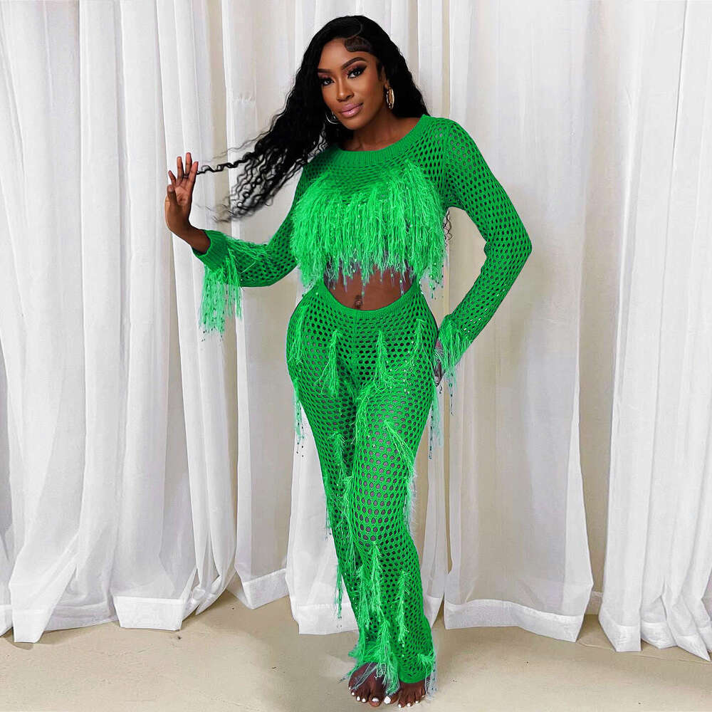 Wide Leg Jumpsuit New Women S Sexy Faux Mink Fur Handmade Tassel Knitted Hollow Out One Piece Jumpsuit