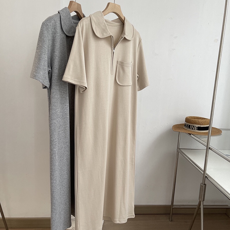 SL235 Half-zip Lapel Collar Short Sleeve Loose Slim Mid-length A-line Dress
