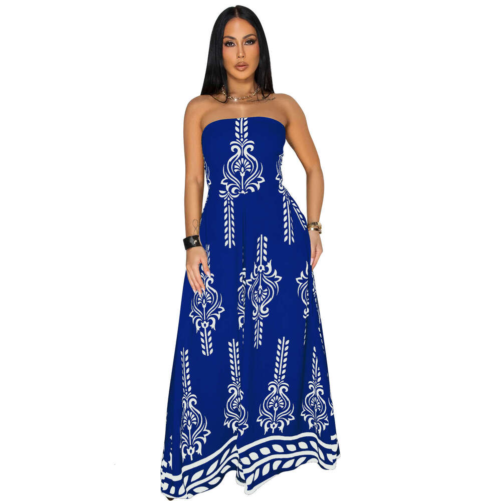 Wide Leg Jumpsuit Women S Clothing Positioning Printed Waist Cinched Skirt Pants Chest Wrapped Jumpsuit New